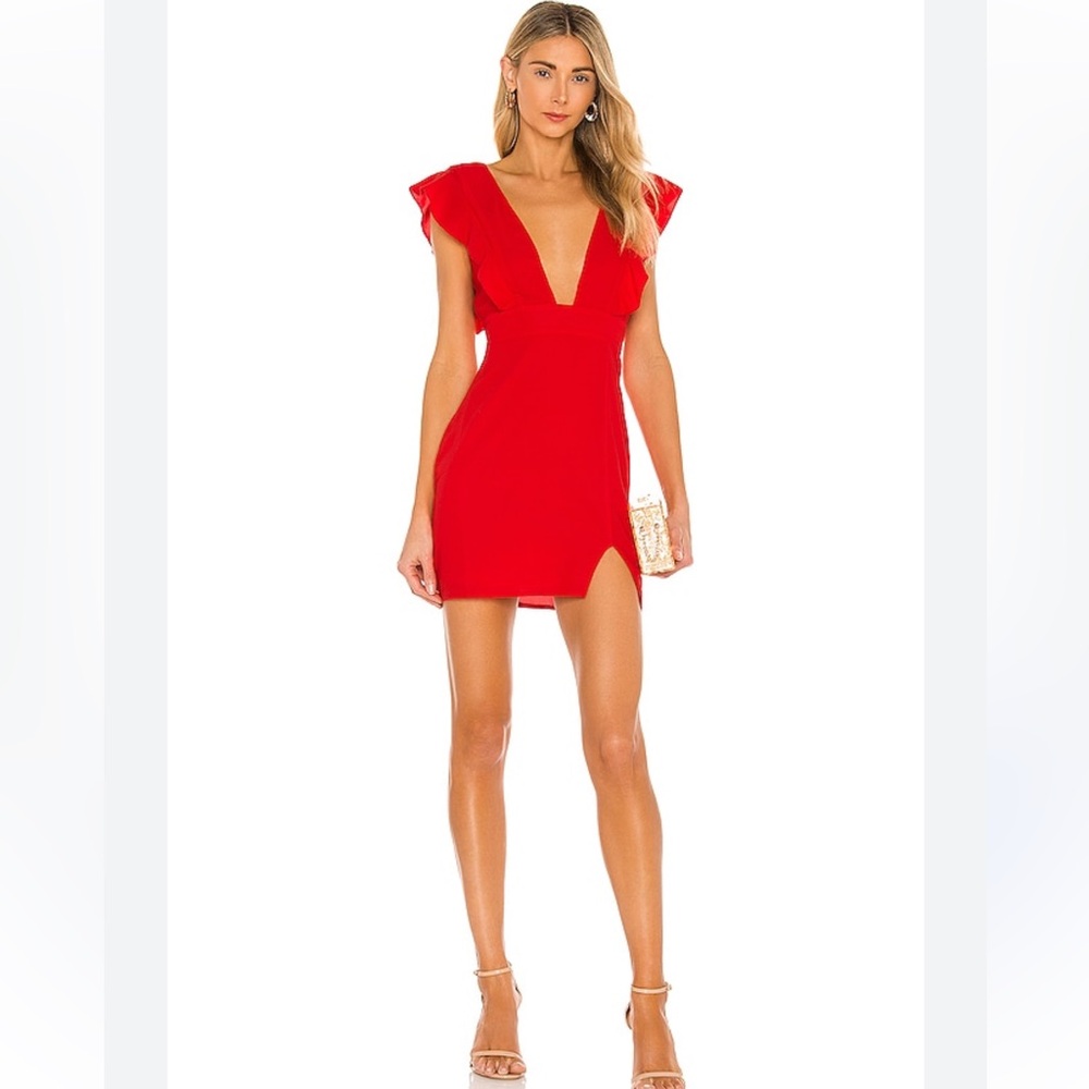 superdown Red Deep V Mini Dress with Ruffle Sleeves